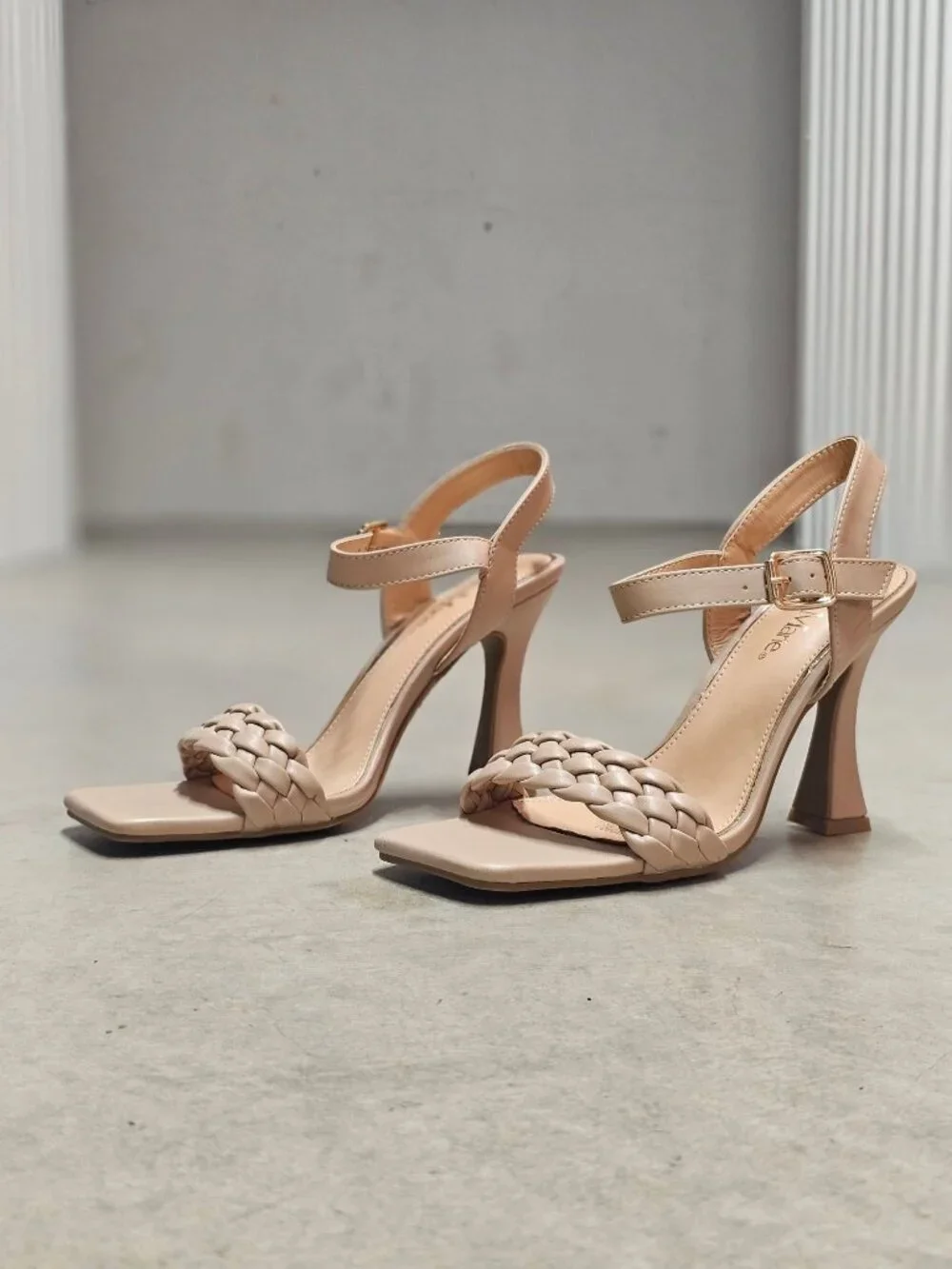 Braided Nude Heeled Sandals With Square Toe Design & Adjustable Ankle Strap - Picture 9 of 14